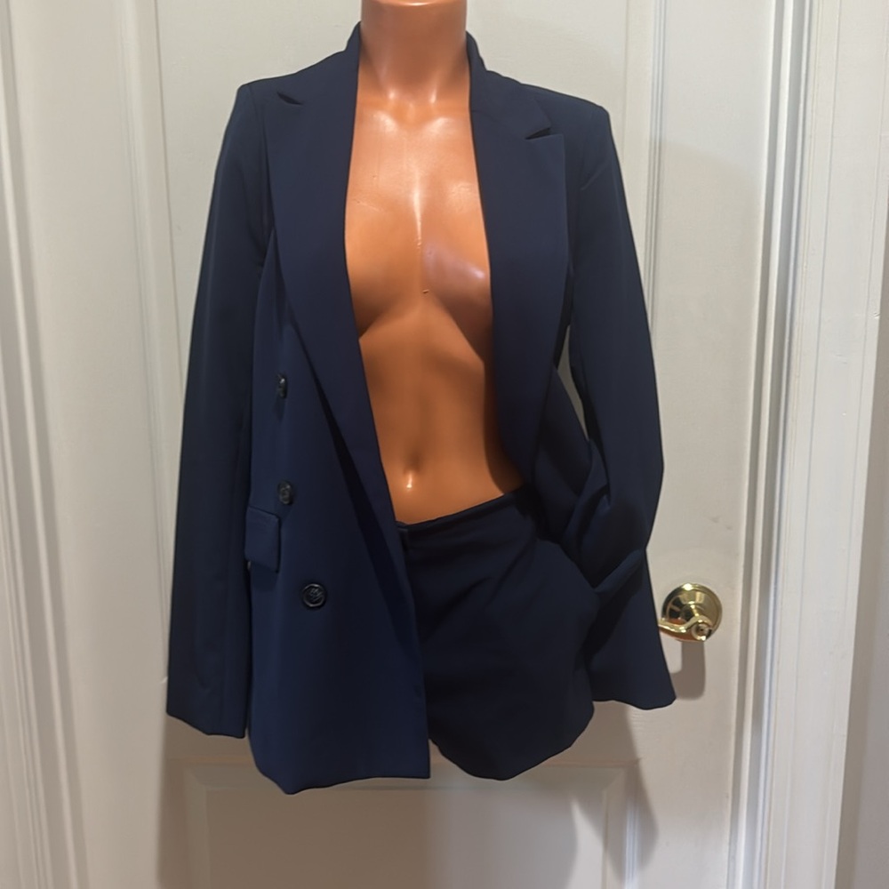 FOREVER 21 Navy Blue 2p Suit Double Breasted Blazer High Waist Shorts S Small - Picture 2 of 13
